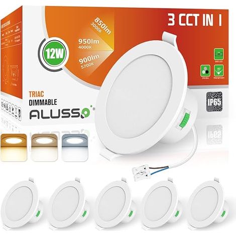 ALUSSO Spot LED Encastrable,12W Spot Led Dimmable 230V IP65, 3000K 4000K 5700K Réglables, Diamètre 113 mm,Diamètre du Trou Φ90-105mm,Éclairage de Plafond Pour Salle de Bain Salon, Blanc (1/5)
