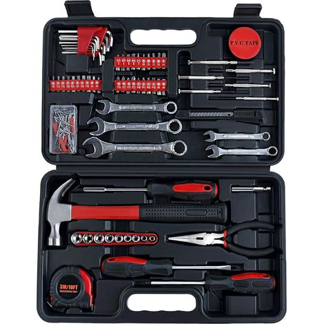 Juego de herramientas domésticas de 146 piezas con martillo, alicates, llaves inglesas, cinta métrica, destornilladores, vasos, pequeño juego de herramientas manuales para el hogar con caja de herrami