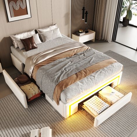 Bettgestell 90x200 mit Schubladen und LED-Lichtleiste, Polsterbett ohne Kopfteil aus PU-Leder, Plattformbett mit Metalllattenrost Weiß (1/5)