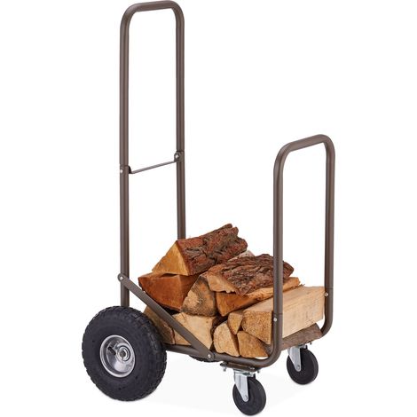 Relaxdays Kaminholzwagen mit Luftreifen, 360° Rollen, Holzwagen bis 60 kg, für 33 cm Scheite, Brennholz-Sackkarre, braun (1/5)