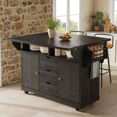 Îlot de cuisine mobile 142,5x40-80x95 cm Table de bar, plateau rabattable, 3 tiroirs, étagères réglables, roulettes freinées, MDF et métal, noir (1/5)