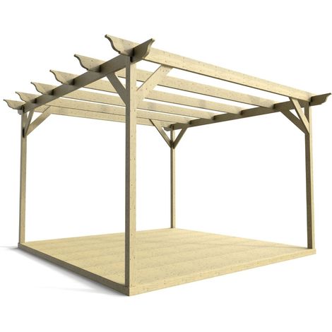 Timber Pergola and Decking Complete DIY Kit, Longhorn design (3m x 3m, Light green (natural) finish) (1/4)