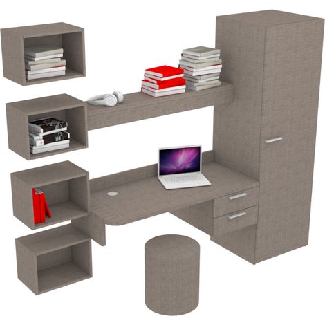 Scrivania sospesa design con mensola luminosa, pensili e armadio - Grigio fumo (1/5)