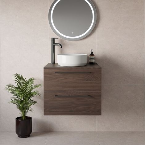 Napoli 460 Brown Oak 600mm Wall Mounted 2 Drawer Vanity Unit for Countertop Basins - 600mm - Gunmetal Grey 320mm Handle