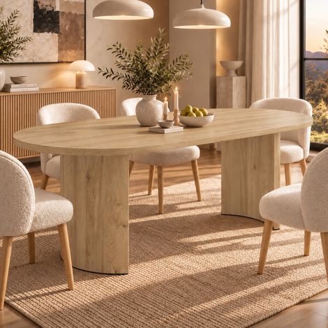 Tavolo da pranzo a 8 posti con piano da 28 mm e gambe curve 200x90x75 cm, in MDF color rovere (1/5)