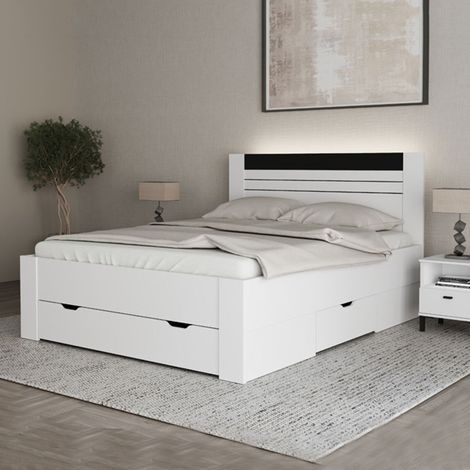 Letto Matrimoniale Kabale, Letto Matrimoniale Dimensione Materasso 160x200 cm, Testata Dettaglio Rigato, Peso Supportato 200 kg, Bianco (1/5)