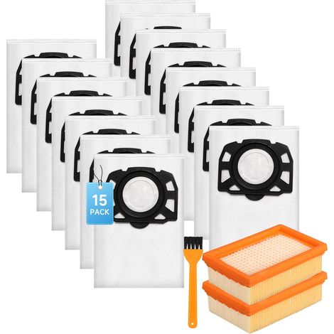 15 bolsas para aspiradora Karcher WD4, WD5, WD6, MV4, MV5, MV6, KFI 487 con 2 filtros KFI 4410. Accesorio de filtro para aspiradora 2.863-006.0 y 2.863-005.0. Filtro para Karcher. (1/5)