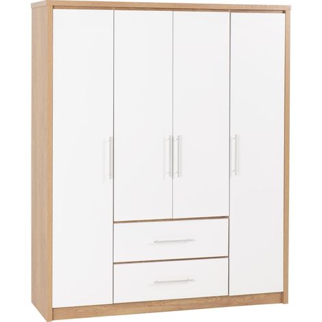 Seville 4 Door 2 Drawer Wardrobe Light Oak Effect Frame with White Gloss Doors (1/5)