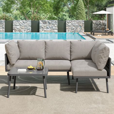 Ensemble de salon de jardin en fer et corde grise en forme de L - 2 canapés et 1 table avec coussins d'assise et pieds réglables pour jardin terrasse