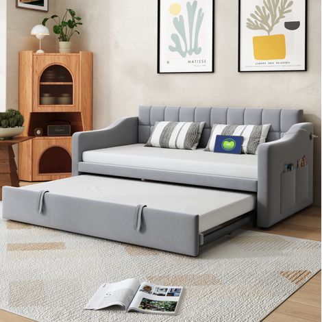 Lit banquette rembourré moderne velours gris clair 90x190 cm extensible 180 cm avec ports USB