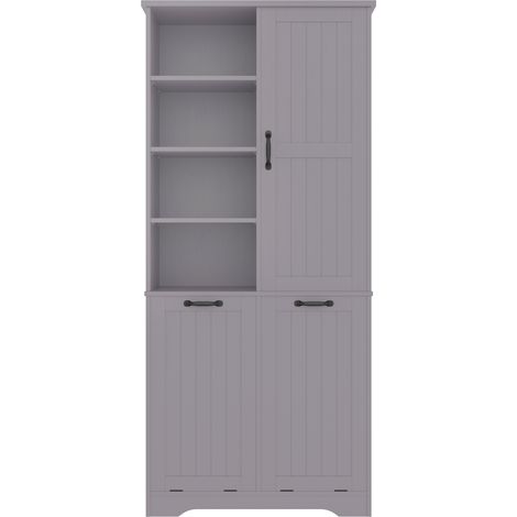 Hochschrank fürs Bad aus grauem MDF 78 x 35 x 172,7 cm mit Tür und Doppel-Wäschekorb (1/5)