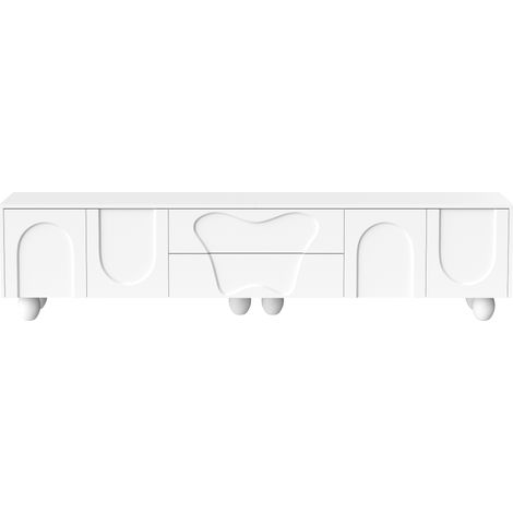 Meuble tv 180 cm blanc avec pieds en bois, design moderne, grand espace de rangement, style élégant