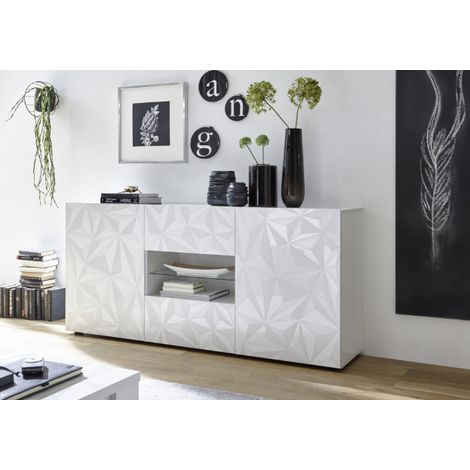 Buffet PRISMA 2 portes et 2 tiroirs – Blanc laqué brillant – Design géométrique (1/3)