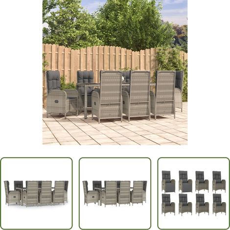 vidaXL Rattanstuhl - 9-tlg. Garten-Essgruppe mit Kissen Grau Poly Rattan (1/5)