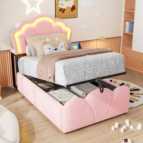 Cama infantil tapizada 90x200 cm con almacenamiento hidráulico, LED, enchufes integrados y nichos en cabecero, terciopelo - rosa (1/5)