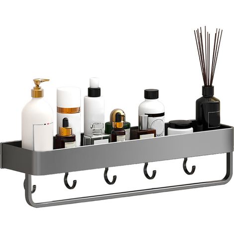 Étagère murale de salle de bain en aluminium, gris, 30 cm, simple niveau avec barre et crochet, rangement suspendu pour douche (1/5)
