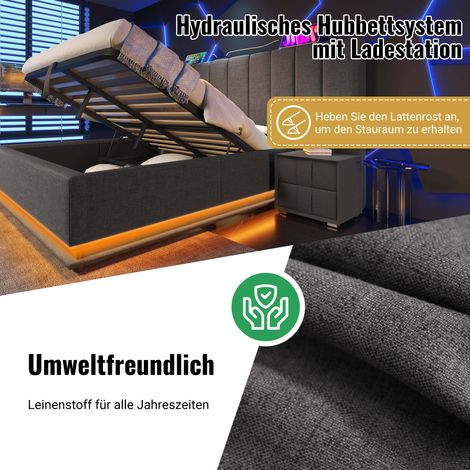 Lit double 180x200 cm, sommier coffre avec éclairage LED à commande app et port USB-C, structure de lit en lin gris, sans matelas ni table de chevet (1/5)