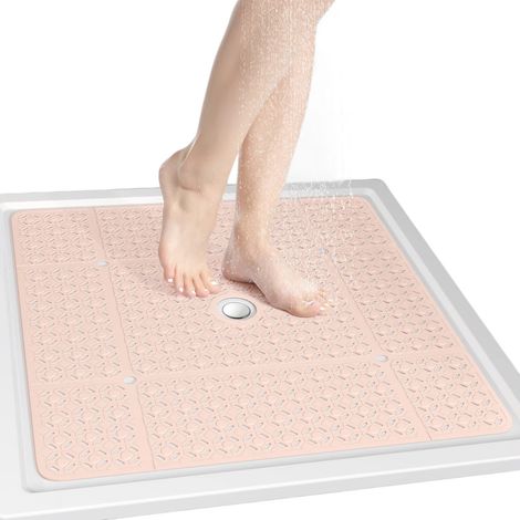 Tapis de douche carré 68,5 x 68,5 cm, en TPE antidérapant avec ventouses et trous d'évacuation, séchage rapide, rose pâle (1/5)