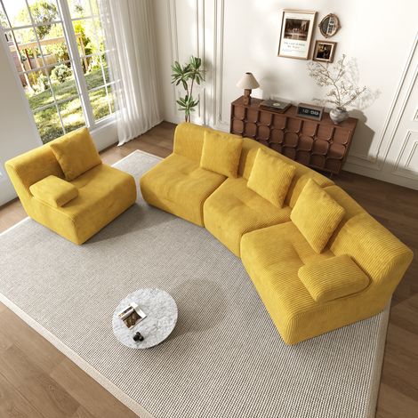Canapé droit rembourré modulable 4 places 311 cm - 4 modules indépendants sans montage - assise mi-souple en velours côtelé - jaune (1/5)