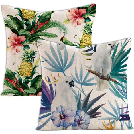 Ensemble de 2 housses de coussin décoratives à motifs floraux tropicaux, palmiers, feuilles et perroquets. Dimensions standard carrées : 45,7 x 45,7 cm (18 x 18 pouces). (1/5)