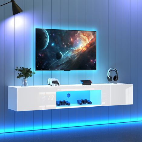 Meuble TV mural - 160x31x22cm - pour téléviseurs 70 pouces - charge 30 kg - avec éclairage LED - blanc brillant (1/5)