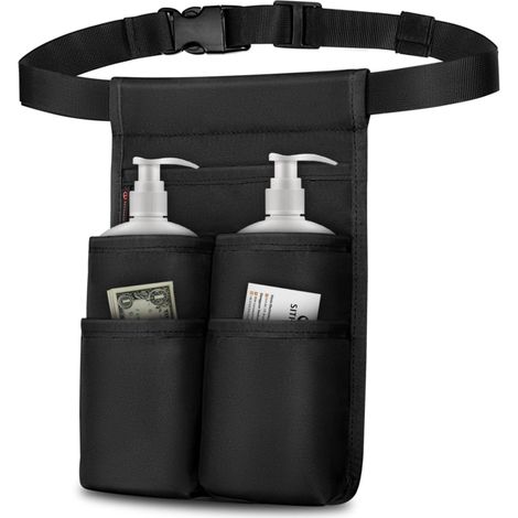 Cinturón portabotellas de 250 ml, estuche profesional para 2 botellas, portabotellas con cinturón ajustable para aceite o loción de masaje (227 g) (solo bolsa), color negro (1/5)