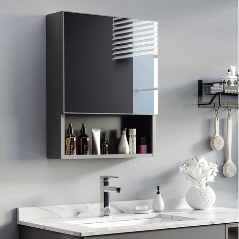 Mobile bagno specchiera da parete in acciaio inox, 46 x 13,5 x 58 cm, nero DESVIAE (1/5)
