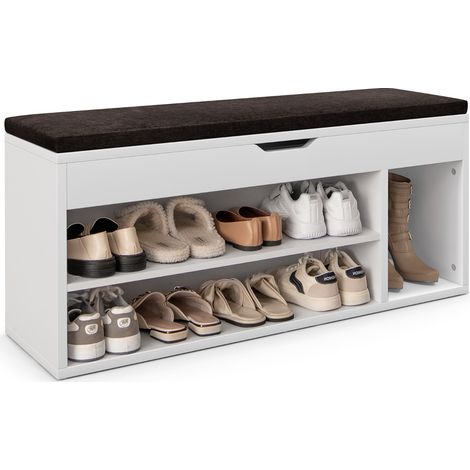 Scarpiera in legno con cuscino morbido e cassetto due ripiani 104x30x48cm Bianco (1/5)