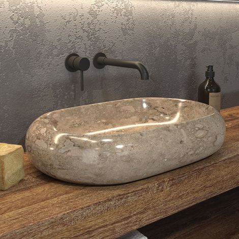 Lavabo da appoggio design ovale in pietra naturale color crema  Litos-Onyx kamalu