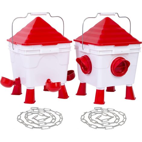 Mangeoire Poules et Abreuvoir Poules Ensemble, 6Kg Mangeoire Poule et 8L Abreuvoir Poule Automatique pour Volailles avec 4 Ports & 4 Coupelles Pieds Réglables Chaînes Acier (1/5)