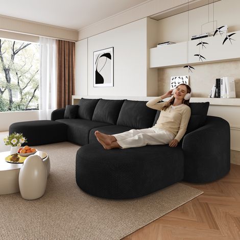 Canapé d'angle en U de 336 cm, canapé compressé en mousse, canapé modulable sans armature, canapé compressé pour salon, chambre, appartement, aucun montage requis, noir (1/4)