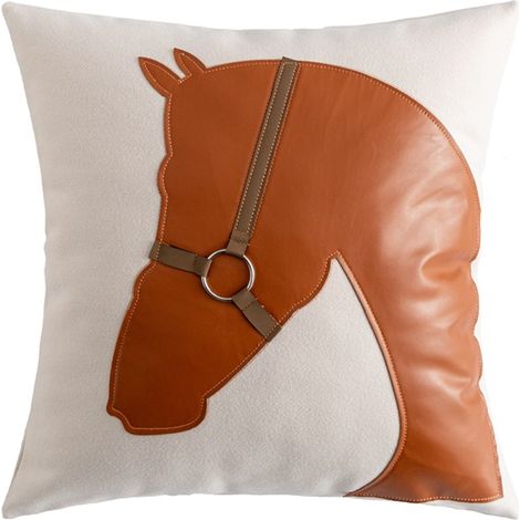 Nouveauté coussin motif tête de cheval, similicuir assemblé & laine double face 50×50cm pour canapé (1/5)