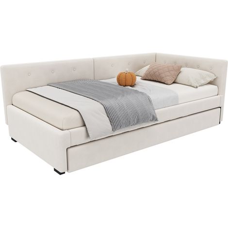 Lit banquette gigogne 90x200 cm avec lit d’appoint escamotable, canapé-lit simple en velours beige, style minimaliste, sans matelas – CHICFURN (1/5)