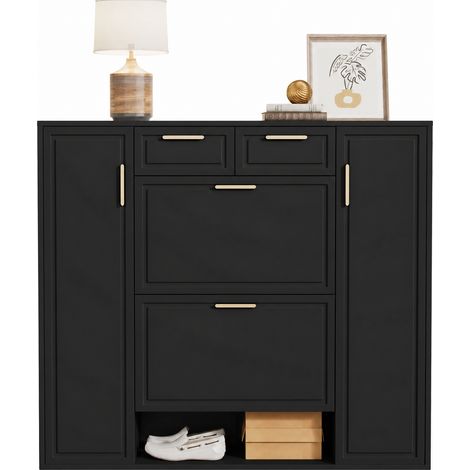 Meuble à Chaussures Noir 120×24×107cm – Étagères Réglables, Poignées Dorées, 2 Tiroirs + 2 Portes, Pour 10-15 Paires