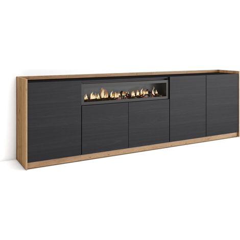 Skraut Home - Aparadores para salón, 260x37x80cm, 5 Puertas, Chimenea eléctrica, Negro y roble (1/5)