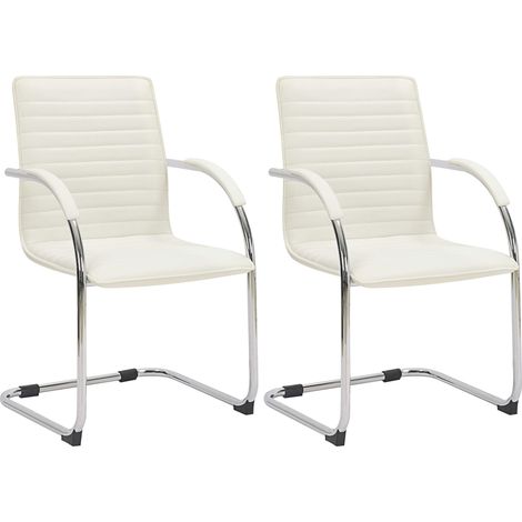 Set 2 sedie visitatore con braccioli in PVC bianco e base a slitta in metallo cromato 100003121