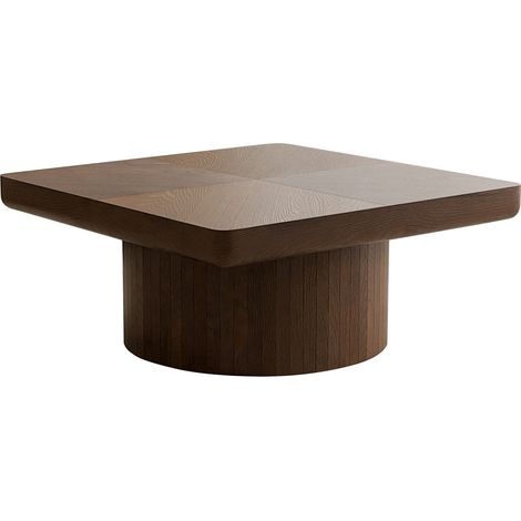 Table basse carrée 78cm pour salon, plateau moderne en placage bois avec motif parquet et base cylindrique, plateau épaissi, montage facile, noyer (1/5)