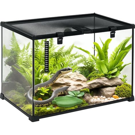 1 Boîte à Reptiles 50x30x35 cm Couvercle Coulissant Treillis Métallique Porte d'Alimentation Terrarium Noir