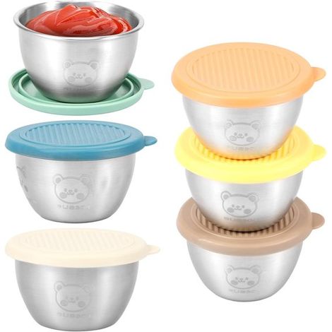 Juego de 6 recipientes de acero inoxidable para aderezos de ensalada, vasos reutilizables a prueba de fugas de 48 gramos para almuerzos, picnics y viajes - Plateado (1/5)