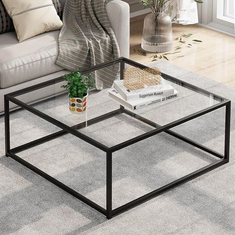 Square Black Glass Coffee Table Side Table Living Room Office Metal Frame 67 x 67 x 40 cm (1/5)
