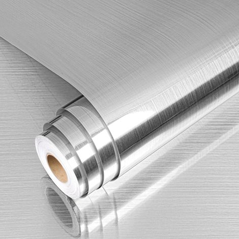 Stainless Steel Metal Furniture Adhesive Paper, 40 x 300 cm, Brushed Silver Vinyl Adhesive Metallic Look Coating Worktop Roll Sticker for Kitchen Splashback Dishwasher (1/5)