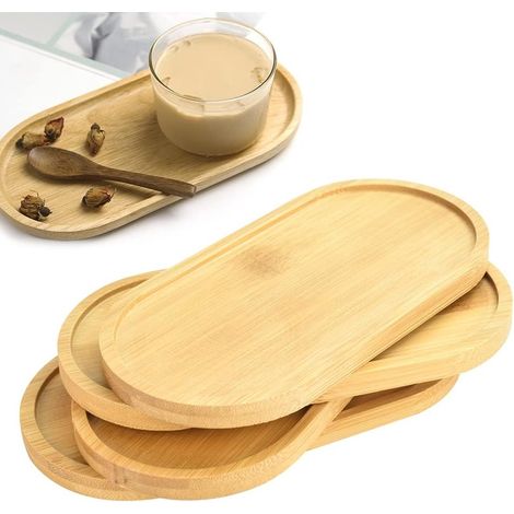 Set di 4 vassoi in bambù: vassoio ovale in legno, vassoio rotondo piccolo, sottovasi per piante grasse/succulente e sottobicchieri per tè, caffè e dessert. (1/5)