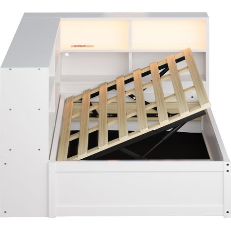 Letto multifunzione 90 x 200 cm in legno bianco con contenitore, presa multipla e striscia LED (1/5)