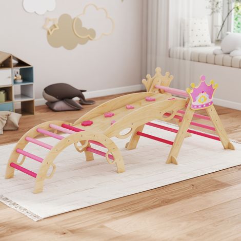 en 1 Triángulo de Escalada de Madera Estructura de Escalada Montessori Tema de Corona con Arco y Rampa Rosa