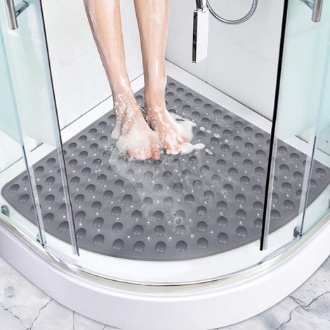 Tapis de Douche Antidérapant, 70x70cm Tapis de Douche Angle Anti-moisissure, Tapis de Bain avec Ventouses et Trous de Drainage (Gris) (1/5)