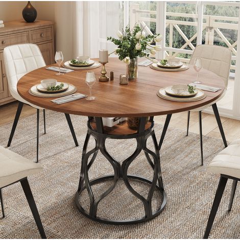 Tavolo da pranzo rotondo 100x100x75 cm, con ripiano integrato, per 4 a 6 persone, MDF e metallo, noce e nero (1/5)