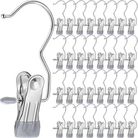 Porte-chaussures pour placard, crochets à linge avec pinces – Idéal pour jeans, chapeaux, bottes hautes, serviettes – 33 unités (gris) (1/5)