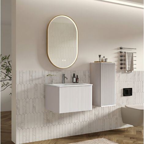 Ensemble meubles de salle de bain 60 cm avec lavabo, meuble latéral et miroir LED ovale blanc (1/5)