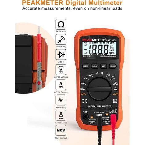 Multimètre numérique à plage automatique, testeur de tension ampère-ohm AC/DC, testeur multifonction avec tests de résistance, continuité, capacité, fréquence et diode, maintien des données et NCV (1/4)