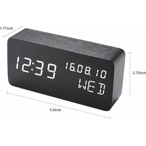 (Couleur bois) Réveil digital en bois avec contrôle sonore par LED, alimentation double par batterie USB, horloge silencieuse en bois avec LED, décorations pour la maison (1/4)